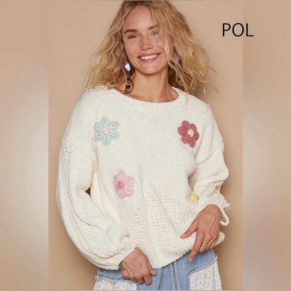Closeout!▪️NWT POL Chenille Knit Sweater -Multi Flower Appliqués in Powder Cream - Picture 3 of 5